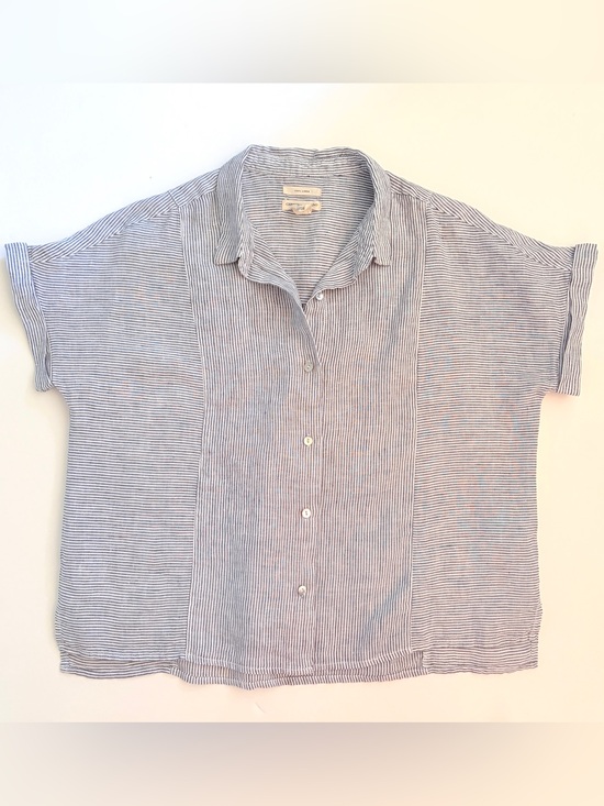 Christian Siriano Tops - Christian Siriano 100% Linen Striped Button Up Short Sleeve Shirt  Top SZ L